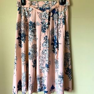 Pink and blue floral flared midi skirt
